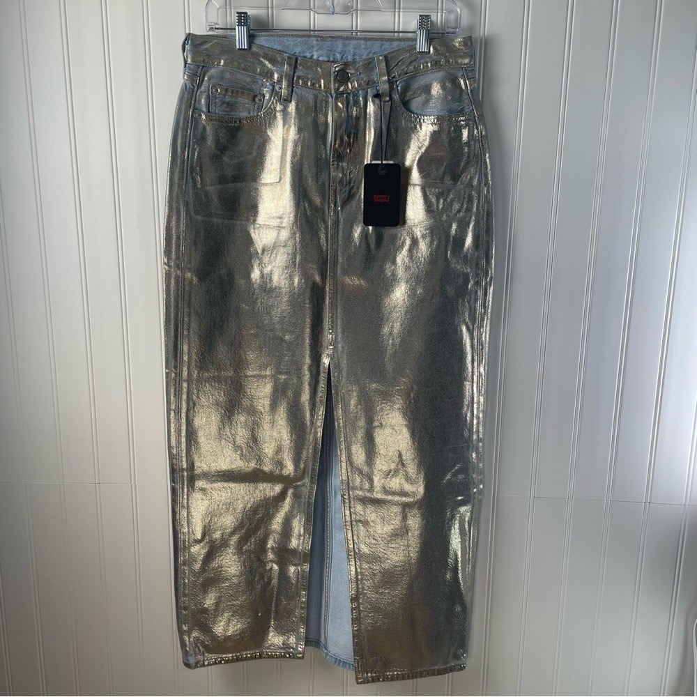 LEVI'S METALLIC GOLD REVOLVE DENIM MAXI SKIRT FRONT SLIT SZ 28 NWT